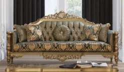Casa Padrino Luxus Barock Wohnzimmer Set Grün / Gold - 2 Sofas & 2 Sessel & 1 Couchtisch - Wohnzimmer Möbel im Barockstil - Edel & Prunkvoll