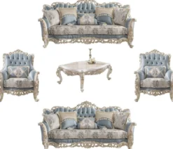 Casa Padrino Luxus Barock Wohnzimmer Set Hellblau / Creme / Weiß / Gold - 2 Sofas & 2 Sessel & 1 Couchtisch - Edle Barock Wohnzimmer Möbel