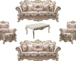 Casa Padrino Luxus Barock Wohnzimmer Set Rosa / Weiß / Gold - 2 Sofas & 2 Sessel & 1 Couchtisch - Prunkvolle Möbel im Barockstil