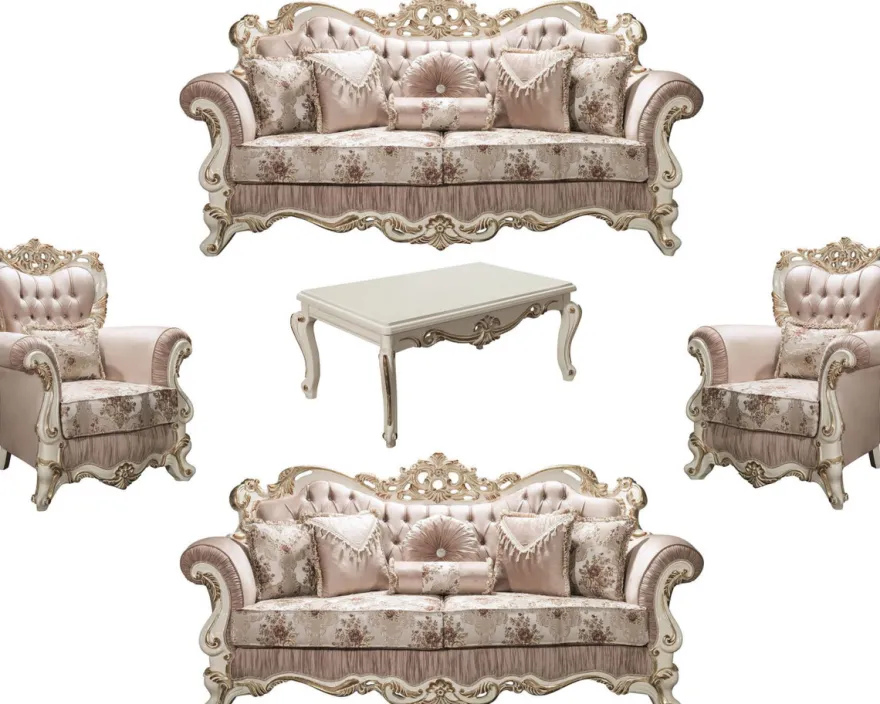 Casa Padrino Luxus Barock Wohnzimmer Set Rosa / Weiß / Gold - 2 Sofas & 2 Sessel & 1 Couchtisch - Prunkvolle Möbel im Barockstil