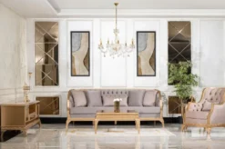 Casa Padrino Luxus Barock Wohnzimmer Set Grau / Braun / Gold - 2 Sofas & 2 Sessel & 1 Couchtisch & 2 Beistelltische - Handgefertigte Luxus Wohnzimmer Möbel im Barockstil - Edel & Prunkvoll