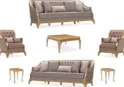 Casa Padrino Luxus Barock Wohnzimmer Set Grau / Braun / Gold - 2 Sofas & 2 Sessel & 1 Couchtisch & 2 Beistelltische - Handgefertigte Luxus Wohnzimmer Möbel im Barockstil - Edel & Prunkvoll