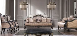 Casa Padrino Luxus Barock Wohnzimmer Set Grau / Blau / Gold - 2 Barock Sofas & 2 Barock Sessel & 1 Barock Couchtisch - Luxus Wohnzimmer Möbel im Barockstil - Barock Möbel - Edel & Prunkvoll