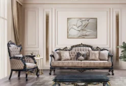 Casa Padrino Luxus Barock Wohnzimmer Set Grau / Blau / Gold - 2 Barock Sofas & 2 Barock Sessel & 1 Barock Couchtisch - Luxus Wohnzimmer Möbel im Barockstil - Barock Möbel - Edel & Prunkvoll