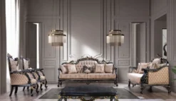 Casa Padrino Luxus Barock Wohnzimmer Set Grau / Blau / Gold - 2 Barock Sofas & 2 Barock Sessel & 1 Barock Couchtisch - Luxus Wohnzimmer Möbel im Barockstil - Barock Möbel - Edel & Prunkvoll