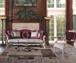 Casa Padrino Luxus Barock Wohnzimmer Set Purpur / Creme / Gold - 2 Sofas & 2 Sessel & 1 Couchtisch - Prunkvolle Möbel im Barockstil
