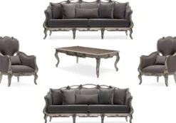 Casa Padrino Luxus Barock Wohnzimmer Set Grau / Silber - 2 Barock Sofas & 2 Barock Sessel & 1 Barock Couchtisch - Handgefertigte Wohnzimmer Möbel im Barockstil - Edel & Prunkvoll