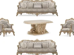 Casa Padrino Luxus Barock Wohnzimmer Set Silber / Grau / Gold - 2 Barock Sofas & 2 Barock Sessel & 1 Barock Couchtisch - Handgefertigte Wohnzimmer Möbel im Barockstil - Edel & Prunkvoll