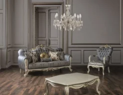 Casa Padrino Luxus Barock Wohnzimmer Set Blau / Weiß / Gold - 2 Sofas & 2 Sessel & 1 Couchtisch - Möbel im Barockstil - Edel & Prunkvoll