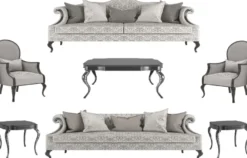 Casa Padrino Luxus Barock Wohnzimmer Set Silber / Grau / Schwarz - 2 Sofas & 2 Sessel & 1 Couchtisch & 2 Beistelltische - Wohnzimmermöbel im Barockstil - Edle Barock Möbel