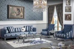 Casa Padrino Luxus Barock Wohnzimmer Set Dunkelblau / Hellblau / Silber - Sofa & 2 Sessel & Couchtisch - Barock Wohnzimmermöbel