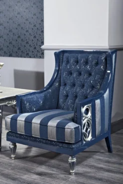Casa Padrino Luxus Barock Wohnzimmer Set Dunkelblau / Hellblau / Silber - Sofa & 2 Sessel & Couchtisch - Barock Wohnzimmermöbel