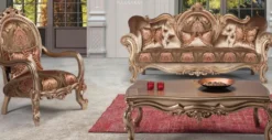Casa Padrino Luxus Barock Wohnzimmer Set Bronze / Braun / Bordeauxrot - 1 Sofa & 2 Sessel & 1 Couchtisch - Prunkvolle Wohnzimmermöbel im Barockstil