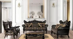 Casa Padrino Luxus Barock Wohnzimmer Sessel Schwarz / Gold - Prunkvoller Sessel mit elegantem Muster - Handgefertigte Barock Wohnzimmer Möbel