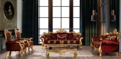 Casa Padrino Luxus Barock Wohnzimmer Set Bordeauxrot / Gold - 2 Sofas mit Muster & 2 Sessel mit Muster & 1 Couchtisch - Prunkvolle Barock Wohnzimmer Möbel