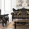 Casa Padrino Luxus Barock Wohnzimmer Set Schwarz / Gold - 2 Sofas mit Muster & 2 Sessel mit Muster & 1 Couchtisch - Prunkvolle Barock Wohnzimmer Möbel