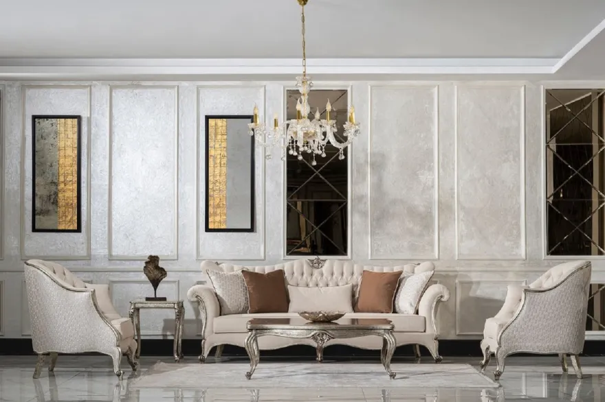 Casa Padrino Luxus Barock Wohnzimmer Set Creme / Silber / Antik Silber - 2 Sofas & 2 Sessel & 1 Couchtisch & 2 Beistelltische - Handgefertigte Wohnzimmer Möbel im Barockstil - Edel & Prunkvoll