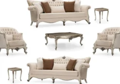 Casa Padrino Luxus Barock Wohnzimmer Set Creme / Silber / Antik Silber - 2 Sofas & 2 Sessel & 1 Couchtisch & 2 Beistelltische - Handgefertigte Wohnzimmer Möbel im Barockstil - Edel & Prunkvoll