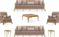 Casa Padrino Luxus Barock Wohnzimmer Set Braun / Gold - 2 Sofas & 2 Sessel & 1 Couchtisch & 2 Beistelltische - Handgefertigte Luxus Wohnzimmer Möbel im Barockstil - Edel & Prunkvoll