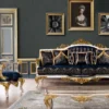 Casa Padrino Luxus Barock Wohnzimmer Sessel Royalblau / Schwarz / Silber / Gold - Prunkvoller Sessel mit elegantem Muster - Handgefertigte Barock Wohnzimmer Möbel