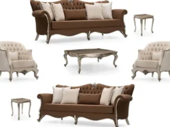 Casa Padrino Luxus Barock Wohnzimmer Set Braun / Creme / Antik Silber - 2 Sofas & 2 Sessel & 1 Couchtisch & 2 Beistelltische - Handgefertigte Wohnzimmer Möbel im Barockstil - Edel & Prunkvoll