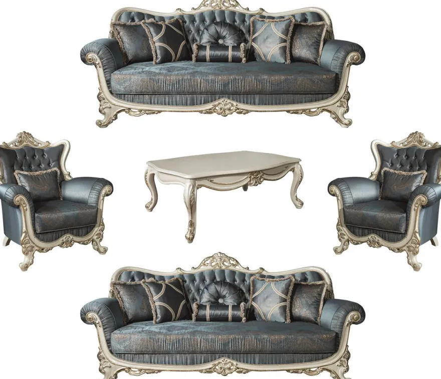 Casa Padrino Luxus Barock Wohnzimmer Set Blau / Creme / Gold - 2 Sofas & 2 Sessel & 1 Couchtisch - Prunkvolle Möbel im Barockstil