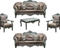 Casa Padrino Luxus Barock Wohnzimmer Set Grau / Grün / Gold - 2 Sofas & 2 Sessel & 1 Couchtisch - Wohnzimmermöbel im Barockstil - Edel & Prunkvoll