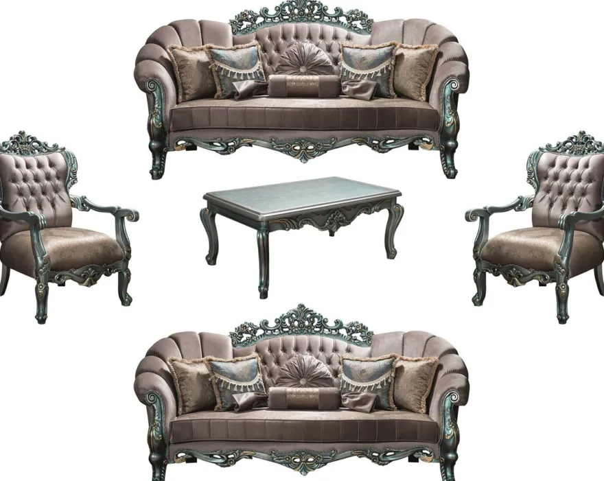 Casa Padrino Luxus Barock Wohnzimmer Set Grau / Grün / Gold - 2 Sofas & 2 Sessel & 1 Couchtisch - Wohnzimmermöbel im Barockstil - Edel & Prunkvoll