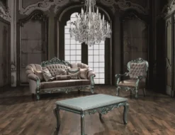 Casa Padrino Luxus Barock Wohnzimmer Set Grau / Grün / Gold - 2 Sofas & 2 Sessel & 1 Couchtisch - Wohnzimmermöbel im Barockstil - Edel & Prunkvoll