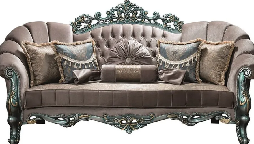 Casa Padrino Luxus Barock Wohnzimmer Set Grau / Grün / Gold - 2 Sofas & 2 Sessel & 1 Couchtisch - Wohnzimmermöbel im Barockstil - Edel & Prunkvoll