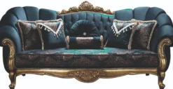 Casa Padrino Luxus Barock Wohnzimmer Set Blau / Gold - 2 Sofas & 2 Sessel & 1 Couchtisch - Wohnzimmer Möbel - Edel & Prunkvoll