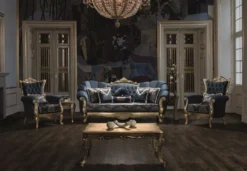Casa Padrino Luxus Barock Wohnzimmer Set Blau / Gold - 2 Sofas & 2 Sessel & 1 Couchtisch - Wohnzimmer Möbel - Edel & Prunkvoll