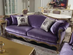 Casa Padrino Luxus Barock Wohnzimmer Sofa Lila / Gold / Silber 220 x 83 x H. 105 cm - Edles Massivholz Sofa mit dekorativen Kissen - Wohnzimmer Möbel im Barockstil