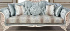 Casa Padrino Luxus Barock Wohnzimmer Sofa mit dekorativen Kissen Türkis / Creme / Bronze 232 x 87 x H. 96 cm - Wohnzimmermöbel im Barockstil