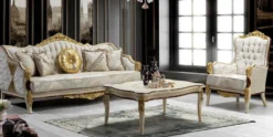 Casa Padrino Luxus Barock Wohnzimmer Set Grau / Weiß / Braun / Gold - 2 Sofas mit Muster & 2 Sessel mit Muster & 1 Couchtisch - Prunkvolle Barock Wohnzimmer Möbel