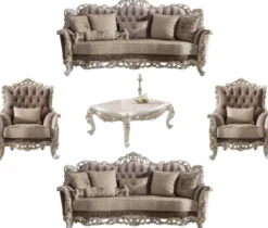 Casa Padrino Luxus Barock Wohnzimmer Set Braun / Beige / Weiß / Gold - 2 Sofas & 2 Sessel & 1 Couchtisch - Edle Barock Wohnzimmer Möbel