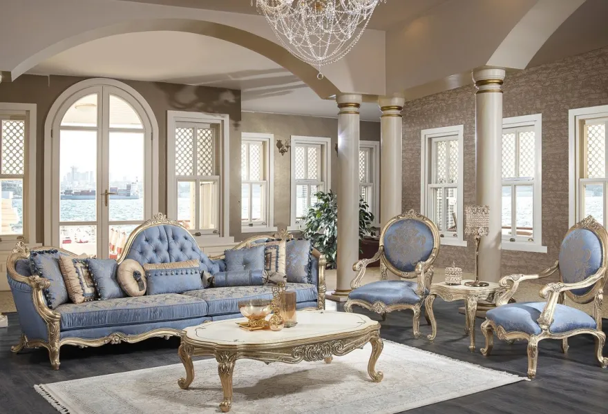 Casa Padrino Luxus Barock Wohnzimmer Set - 1 Chesterfield Sofa & 1 Couchtisch & 2 Salon Stühle & 1 Beistelltisch - Barock Wohnzimmermöbel