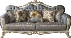Casa Padrino Luxus Barock Wohnzimmer Sofa mit Glitzersteinen und dekorativen Kissen Blau / Weiß / Gold 220 x 85 x H. 110 cm - Edle Wohnzimmer Möbel im Barockstil