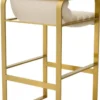 Casa Padrino Luxus Barstuhl mit Armlehnen Sandfarben / Messing 53,5 x 57,5 x H. 107 cm - Gepolsterter Edelstahl Barhocker - Bar Möbel - Luxus Möbel - Luxus Qualität