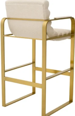 Casa Padrino Luxus Barstuhl mit Armlehnen Sandfarben / Messing 53,5 x 57,5 x H. 107 cm - Gepolsterter Edelstahl Barhocker - Bar Möbel - Luxus Möbel - Luxus Qualität