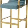 Casa Padrino Luxus Barstuhl mit Armlehnen Blau / Messing 53,5 x 57,5 x H. 107 cm - Gepolsterter Edelstahl Barhocker - Bar Möbel - Luxus Möbel - Luxus Qualität