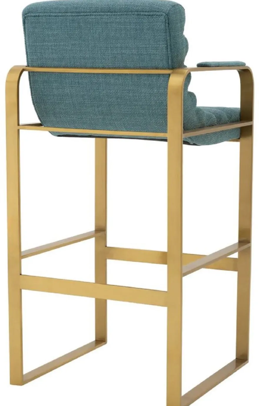 Casa Padrino Luxus Barstuhl mit Armlehnen Blau / Messing 53,5 x 57,5 x H. 107 cm - Gepolsterter Edelstahl Barhocker - Bar Möbel - Luxus Möbel - Luxus Qualität