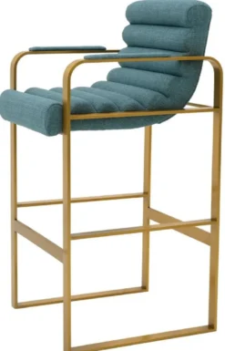 Casa Padrino Luxus Barstuhl mit Armlehnen Blau / Messing 53,5 x 57,5 x H. 107 cm - Gepolsterter Edelstahl Barhocker - Bar Möbel - Luxus Möbel - Luxus Qualität