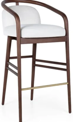 Casa Padrino Luxus Barstuhl mit Armlehnen Weiß / Braun / Gold 53 x 50 x H. 91 cm - Gepolsterter Massivholz Barhocker mit edlem Samtstoff - Luxus Barmöbel