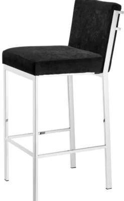 Casa Padrino Luxus Barstuhl Schwarz / Silber 43 x 54 x H. 101 cm - Designer Edelstahl Barhocker mit Samtstoff - Barmöbel