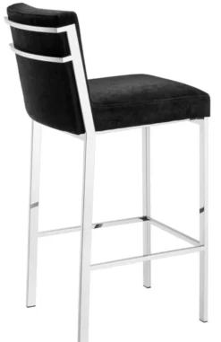 Casa Padrino Luxus Barstuhl Schwarz / Silber 43 x 54 x H. 101 cm - Designer Edelstahl Barhocker mit Samtstoff - Barmöbel