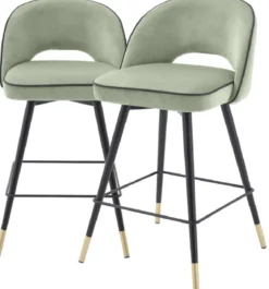 Casa Padrino Luxus Barstuhl Set Pistaziengrün / Schwarz / Messingfarben 51 x 52 x H. 92,5 cm - Barstühle mit drehbarer Sitzfläche und edlem Samtsoff - Luxus Bar Möbel