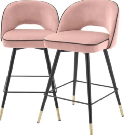 Casa Padrino Luxus Barstuhl Set Rosa / Schwarz / Messingfarben 51 x 52 x H. 103 cm - Barstühle mit drehbarer Sitzfläche und edlem Samtsoff - Luxus Bar Möbel