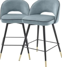Casa Padrino Luxus Barstuhl Set Blau / Schwarz / Messingfarben 51 x 52 x H. 103 cm - Barstühle mit drehbarer Sitzfläche und edlem Samtsoff - Luxus Bar Möbel