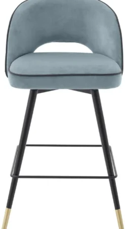 Casa Padrino Luxus Barstuhl Set Blau / Schwarz / Messingfarben 51 x 52 x H. 103 cm - Barstühle mit drehbarer Sitzfläche und edlem Samtsoff - Luxus Bar Möbel